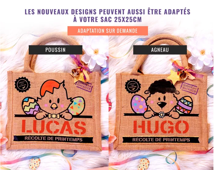 Sac Pâques toile de jute personnalisé prénom enfant Lapin agneau ou poussin