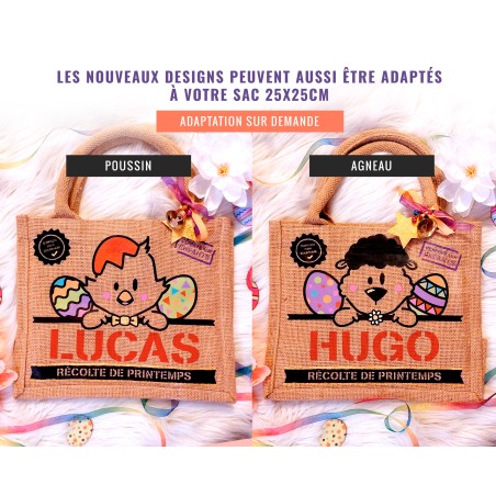 Sac Pâques toile de jute personnalisé prénom enfant Lapin agneau ou poussin