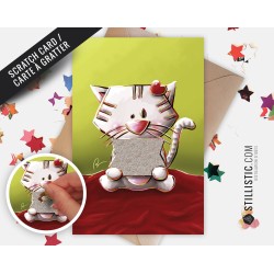 Carte de voeux papier 350g  à gratter avec Illustration Originale Chat bague demande en mariage pour Saint-Valentin