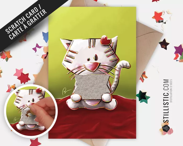 Carte de voeux papier 350g  à gratter avec Illustration Originale Chat bague demande en mariage pour Saint-Valentin