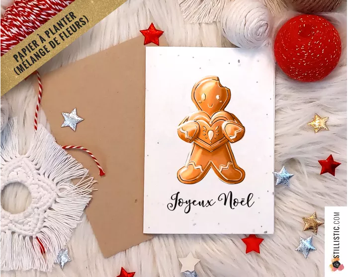 Carte de voeux Noël à planter Bonhomme Pain d'épices et coeur