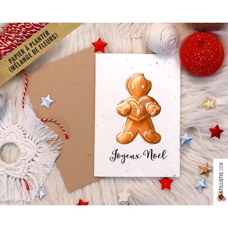 Carte de voeux Noël à planter Bonhomme Pain d'épices et coeur