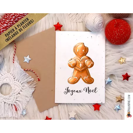Carte de voeux Noël à planter Bonhomme Pain d'épices et coeur