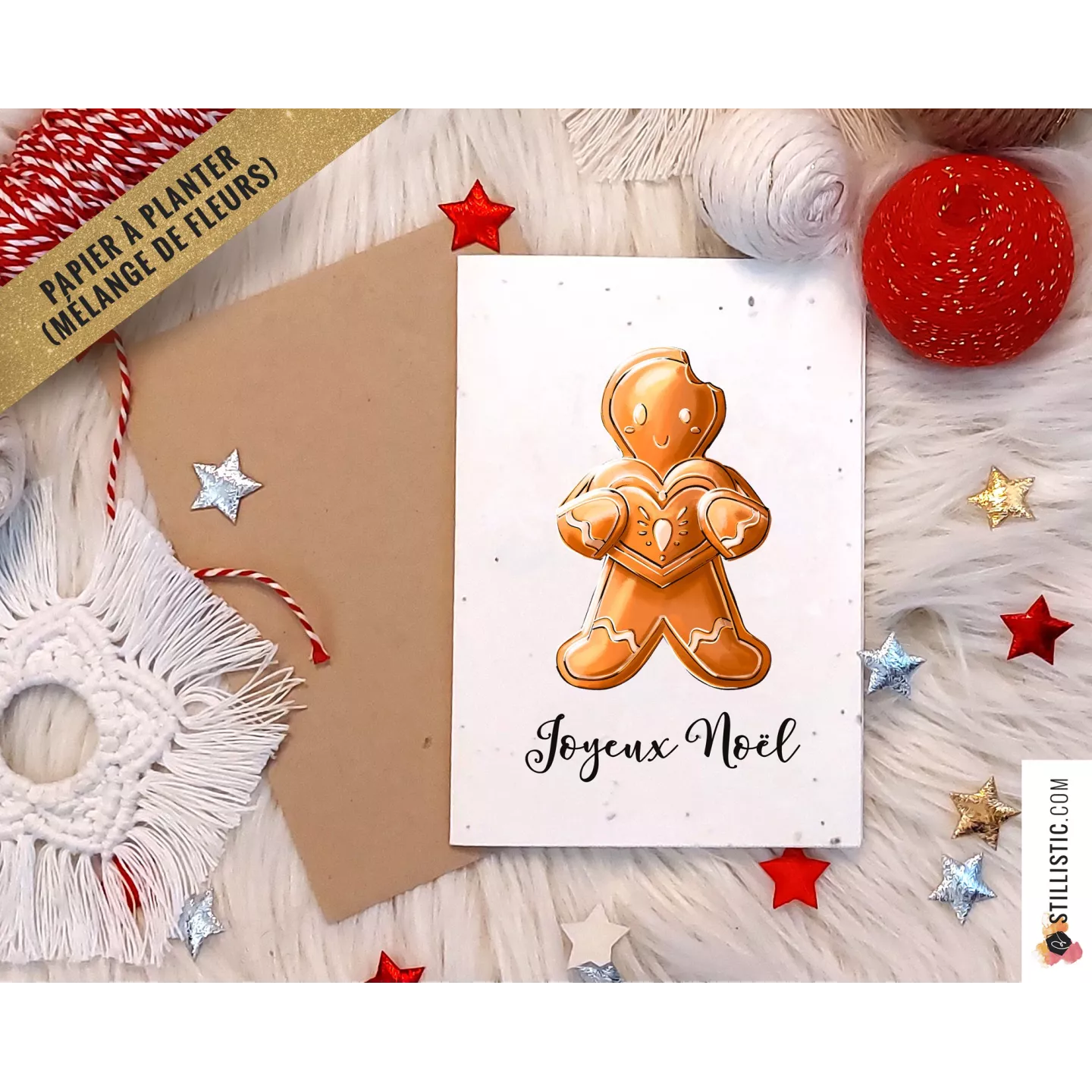 Carte de voeux Noël à planter Bonhomme Pain d'épices et coeur