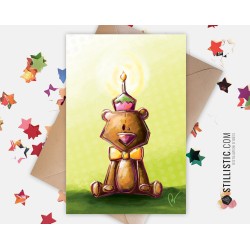 Carte de voeux papier 350g avec Illustration Originale Ours cupcake bougie pour Anniversaire