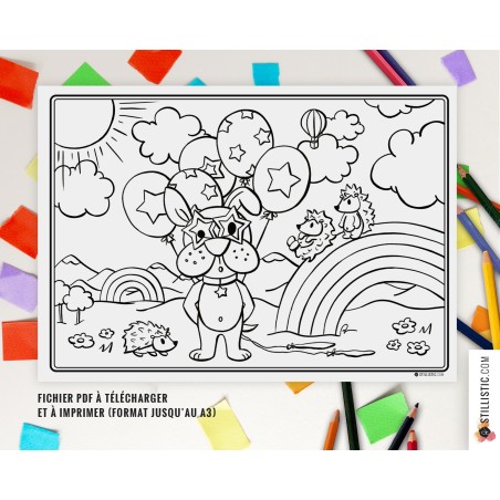 Gratuit Set de table Chiot et hérissons à imprimer et colorier pour enfants