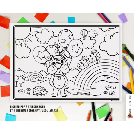 Gratuit Set de table Chiot et hérissons à imprimer et colorier pour enfants