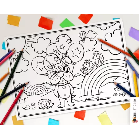 Set de table Chiot et hérissons à imprimer et colorier