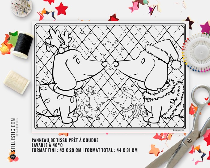 Coupon tissu Set de table Motif Noël Teckels coloriable
