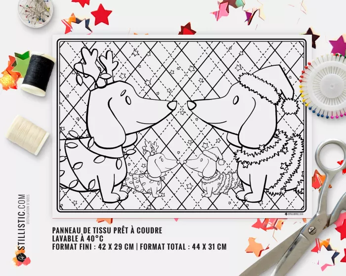 Coupon tissu Set de table Motif Noël Teckels coloriable