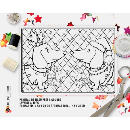 Coupon tissu Set de table Motif Noël Teckels coloriable