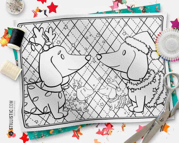 Coupon tissu Set de table Motif Noël Teckels coloriable