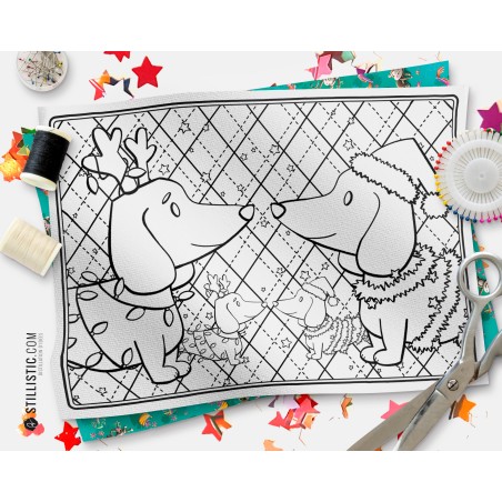 Coupon tissu Set de table Motif Noël Teckels coloriable