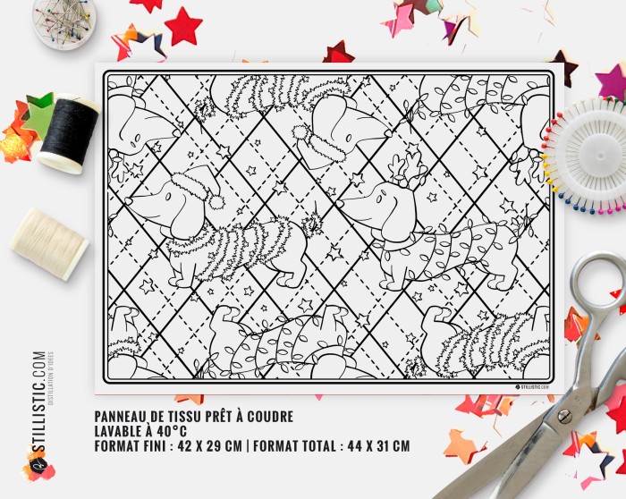 Coupon tissu Set de table Motif Noël Teckels tissu coloriable