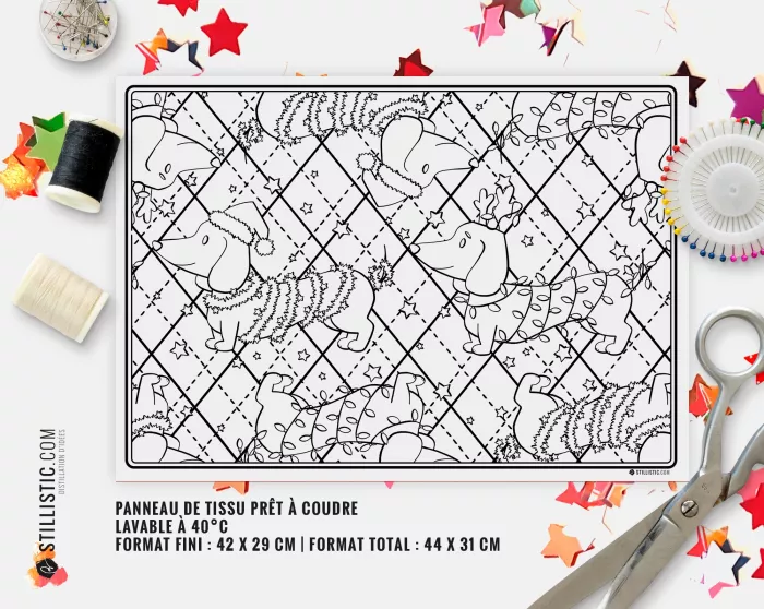 Coupon tissu Set de table Motif Noël Teckels tissu coloriable