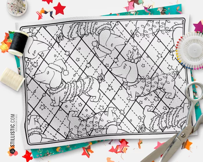 Coupon tissu Set de table Motif Noël Teckels tissu coloriable