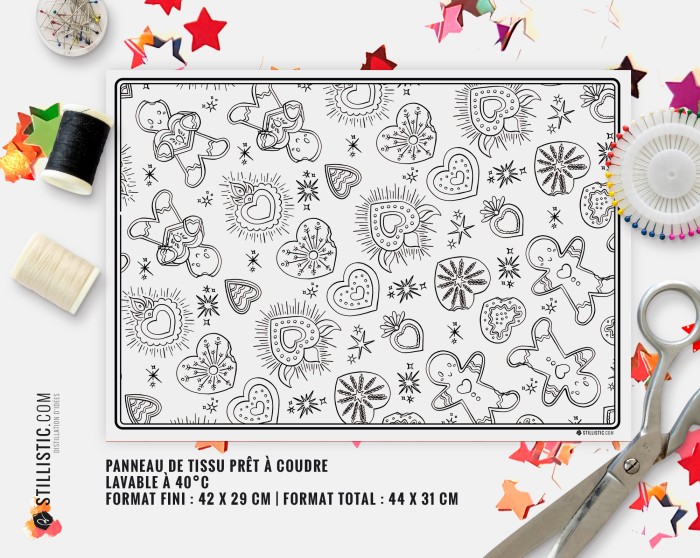 Coupon tissu Set de table Motif Pains d'épices et Cœurs Ex-voto tissu
