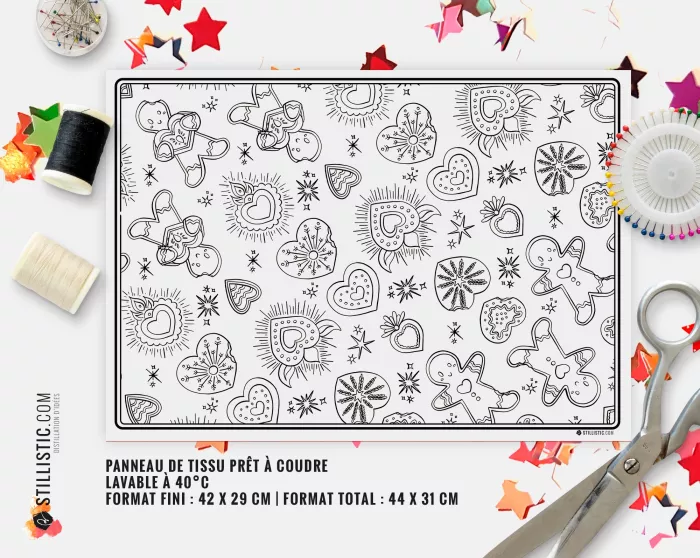Coupon tissu Set de table Motif Pains d'épices et Cœurs Ex-voto tissu