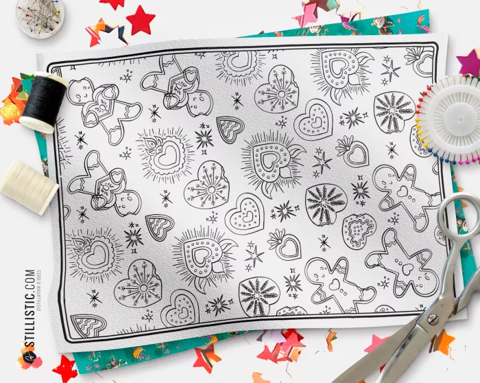 Coupon tissu Set de table Motif Pains d'épices et Cœurs Ex-voto tissu