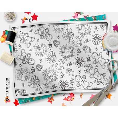 Coupon tissu Set de table Motif Pains d'épices et Cœurs Ex-voto tissu