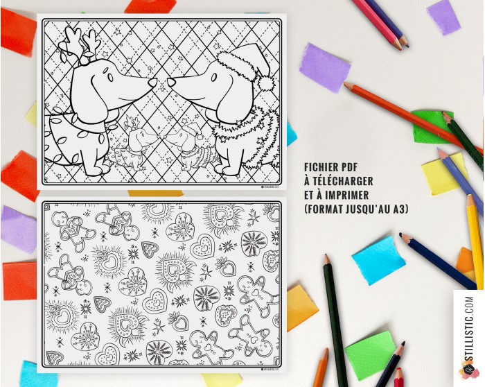 Set de table Noël Teckels à imprimer et colorier