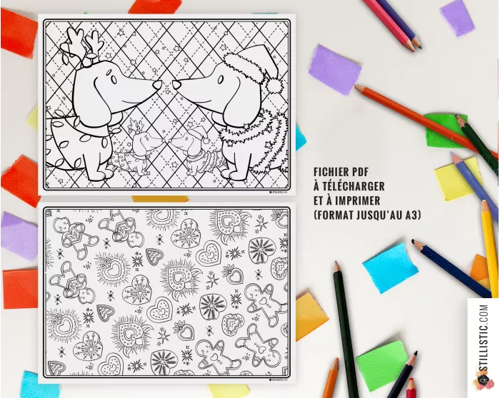 Set de table Noël Teckels à imprimer et colorier
