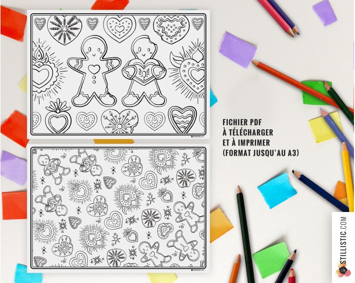 Set de table Noël Pain d'épices et Cœurs Ex-voto à imprimer et colorier