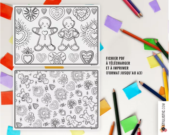Set de table Noël Pain d'épices et Cœurs Ex-voto à imprimer et colorier