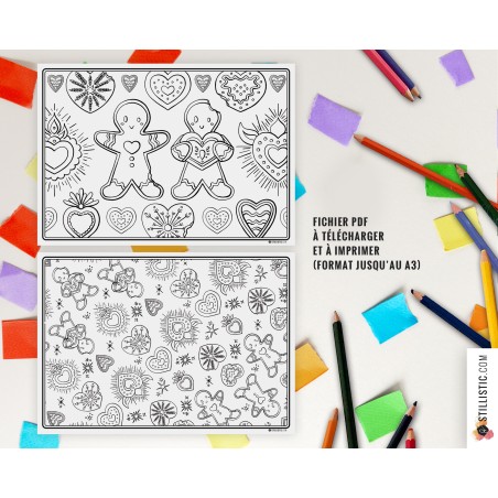 Set de table Noël Pain d'épices et Cœurs Ex-voto à imprimer et colorier