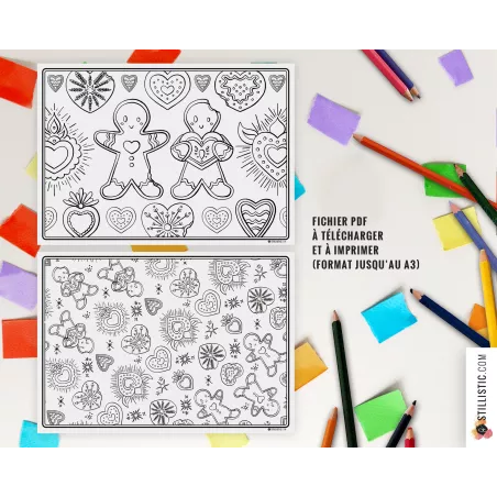 Set de table Noël Pain d'épices et Cœurs Ex-voto à imprimer et colorier