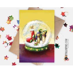 Carte de voeux papier 350g avec Illustration Originale Suricates et boule à neige pour Noël Nouvel An