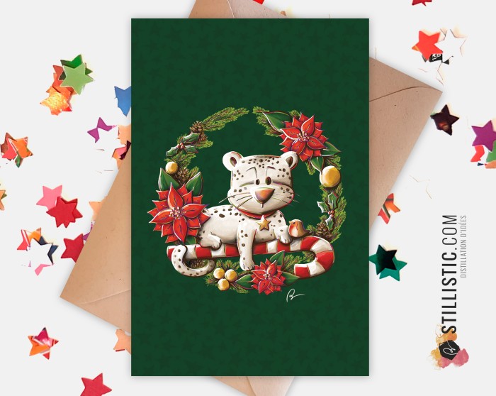 Carte de voeux Illustration Couronne de Noël Panthère des neiges