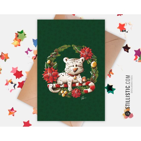Carte de voeux Illustration Couronne de Noël Panthère des neiges