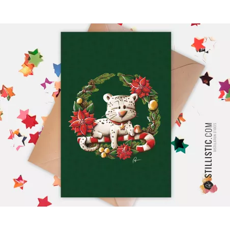 Carte de voeux Illustration Couronne de Noël Panthère des neiges