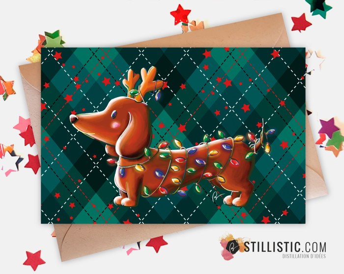 Carte de voeux Illustration Teckel Noël Renne