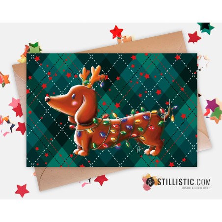Carte de voeux Illustration Teckel Noël Renne