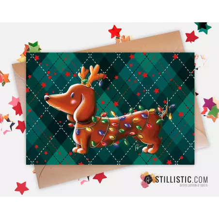 Carte de voeux Illustration Teckel Noël Renne