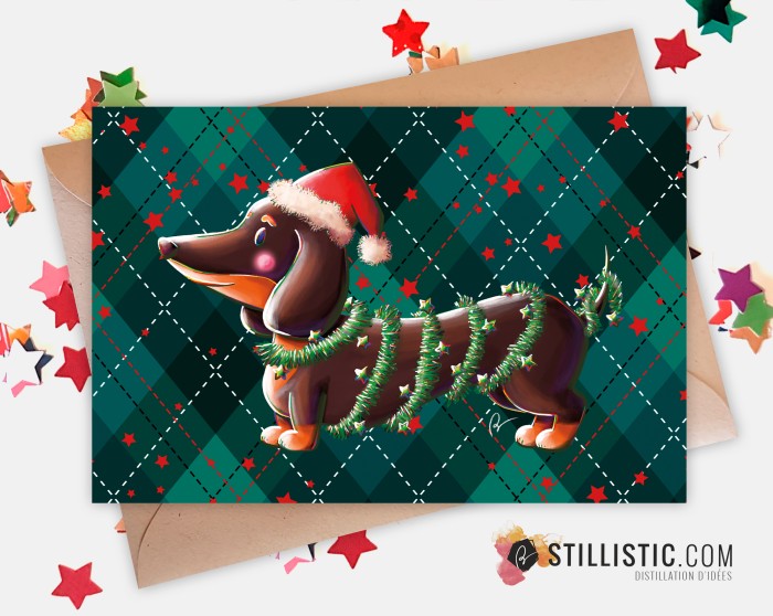 Carte de voeux Illustration Teckel Noël Bonnet