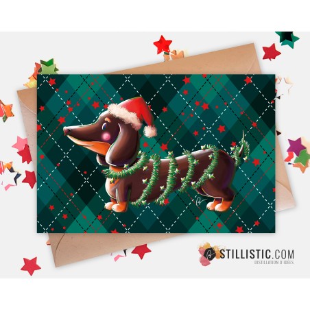 Carte de voeux Illustration Teckel Noël Bonnet