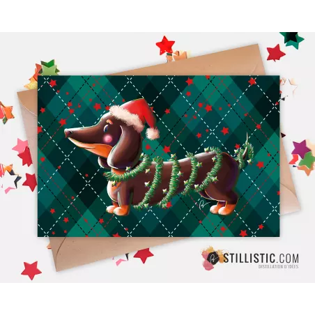 Carte de voeux Illustration Teckel Noël Bonnet
