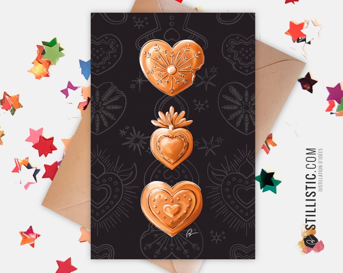 Carte de voeux Illustration Coeurs pains d'épices ex-voto Noël