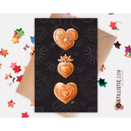 Carte de voeux Illustration Coeurs pains d'épices ex-voto Noël