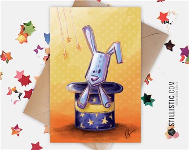 Carte de voeux papier 350g avec Illustration originale Lapin magique et chapeau étoilé pour Fête des mères Noël Nouvel An