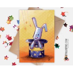 Carte de voeux papier 350g avec Illustration originale Lapin magique et chapeau étoilé pour Fête des mères Noël Nouvel An