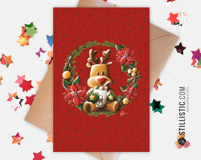 Carte de voeux Illustration Couronne de Noël Renne