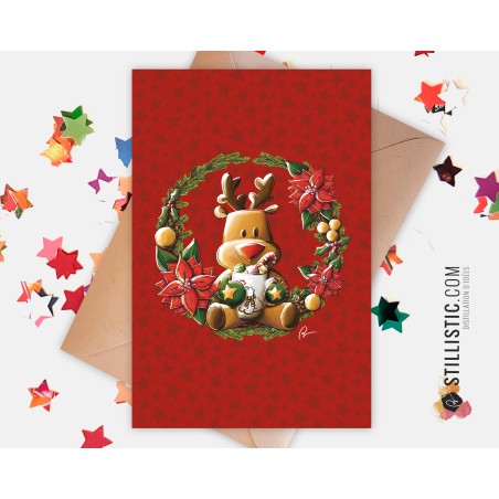 Carte de voeux Illustration Couronne de Noël Renne