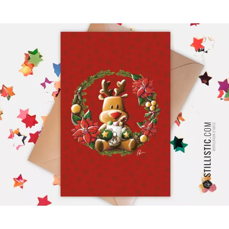 Carte de voeux Illustration Couronne de Noël Renne
