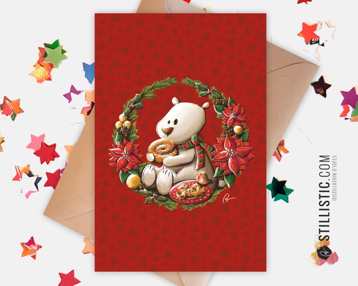 Carte de voeux Illustration Couronne de Noël Ours