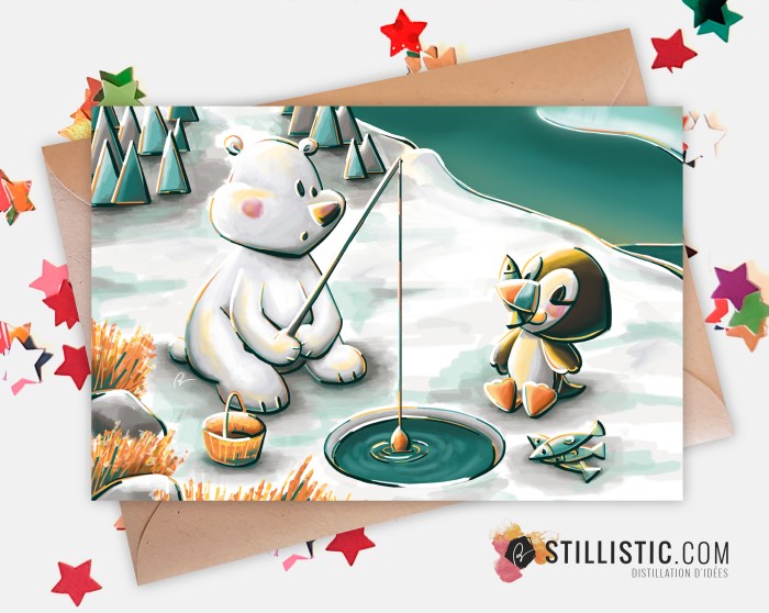 Carte de voeux Illustration Banquise Ours et Macareux