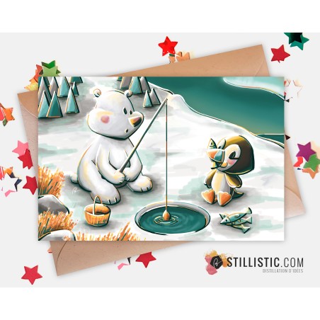 Carte de voeux Illustration Banquise Ours et Macareux